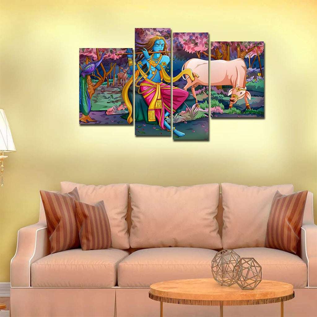 VIBECRAFTS Shree Krishna Playing Flute In The Forest 4 Pieces Canvas Wall Painting Fitted With Wooden Frame For Home | Office | Living Room | Gifts (PTVC4Pcs2_14504)