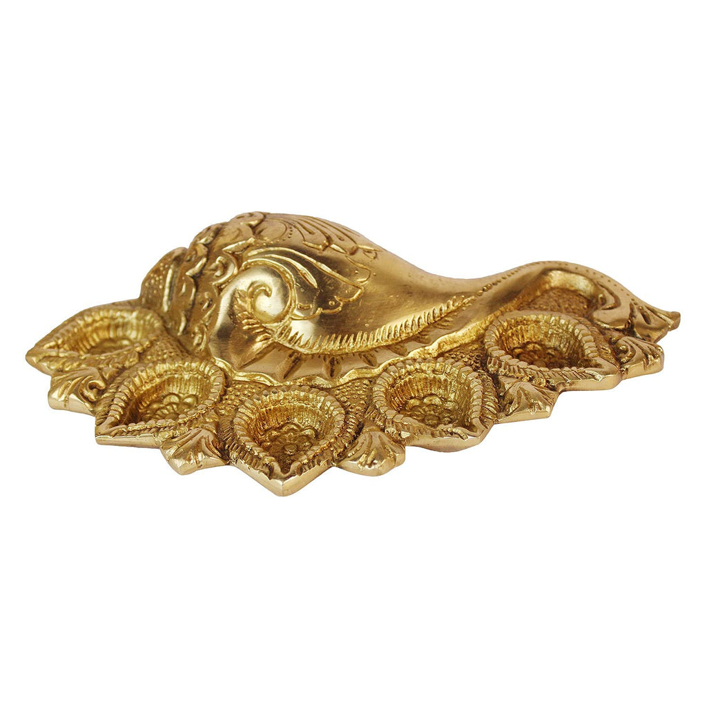 Svarup Gold Color Brass Ganesh-Conch Diya: Small Size with Five Lamps for Puja.