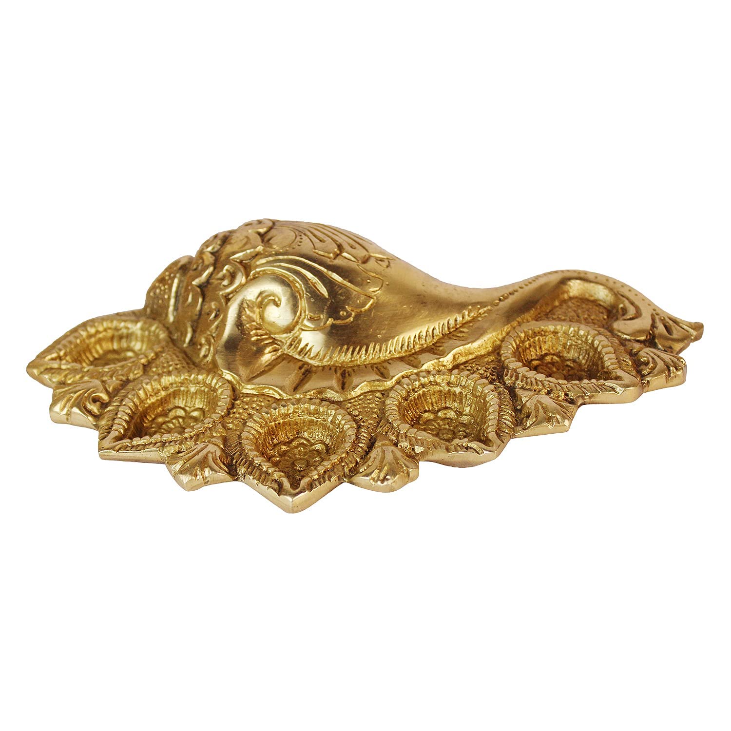 Svarup Gold Color Brass Ganesh-Conch Diya: Small Size with Five Lamps for Puja.