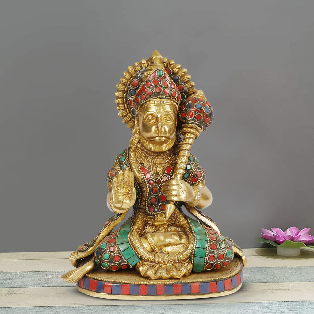 ARTVARKO Hanuman Brass Statue | Lord Bajarang Bali Multicolor Stone Work Height 8 Inch
