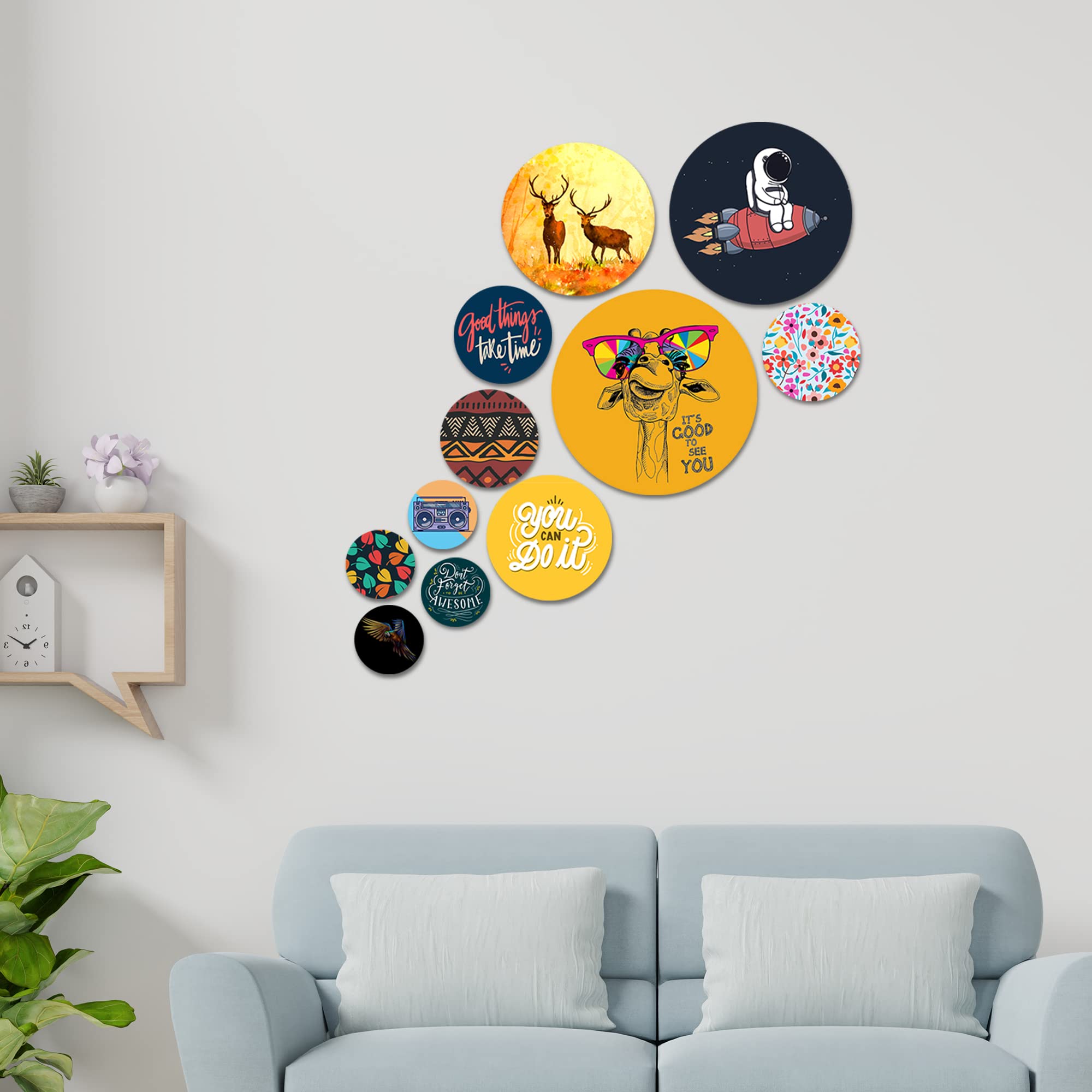 Artvibes Great Things Take Time Round Shape MDF Wooden Wall Decor Items | Motivational Wall Decor | Wall Poster | Graphic Art | Gift Items | Office Wall Decoration Items (WPS_105N), Set of 11