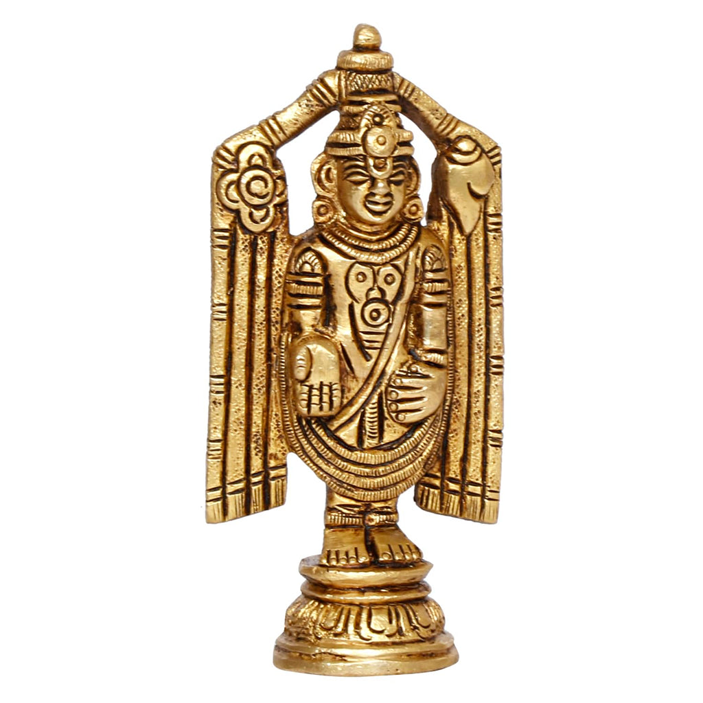ARTVARKO Brass Tirupati Balaji Venkateshwara Idol Vishnu Chakra Namah Shankh Statue Murti Lord Srinivasa Pooja Vastu Religious Idol for Home Office Temple Decor Gift 4.5 Inch.