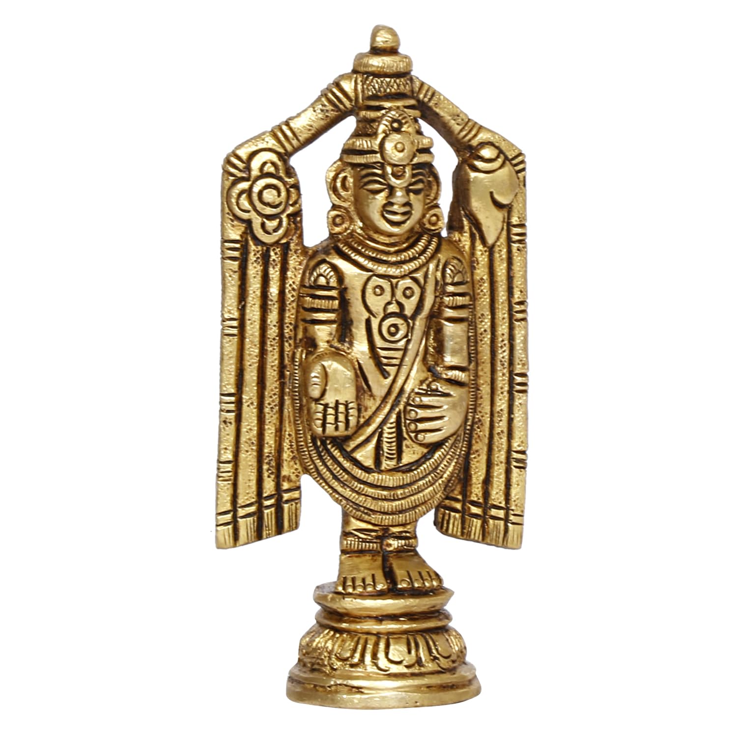 ARTVARKO Brass Tirupati Balaji Venkateshwara Idol Vishnu Chakra Namah Shankh Statue Murti Lord Srinivasa Pooja Vastu Religious Idol for Home Office Temple Decor Gift 4.5 Inch.