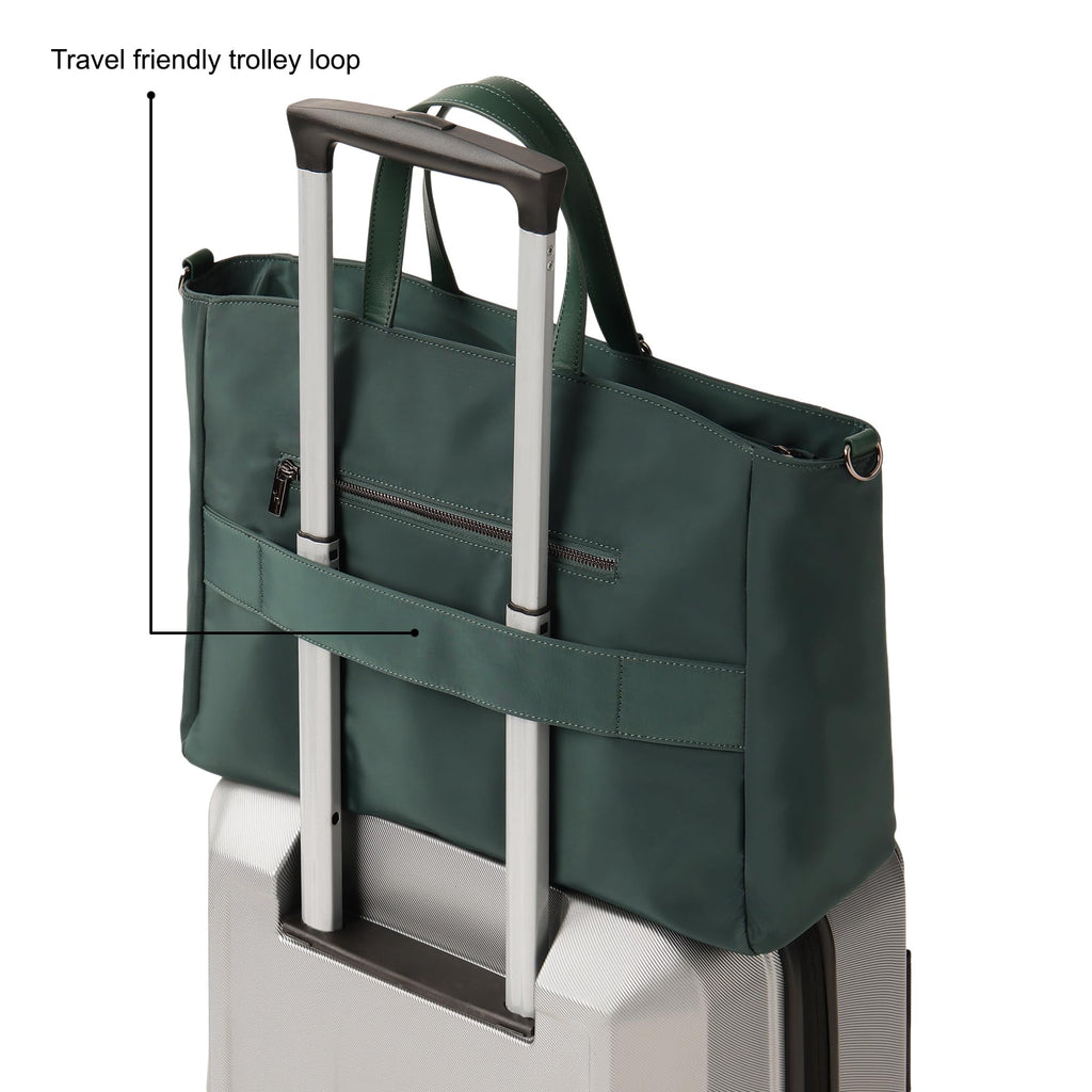 Fastrack FloraFlex Laptop Tote Bag 15 Inch | malachite Green Nylon Tote with 15 Laptop Sleeve|Internal Organizer Pockets | Key Leash |Trolley loop |Card Holder| Zipper Pockets