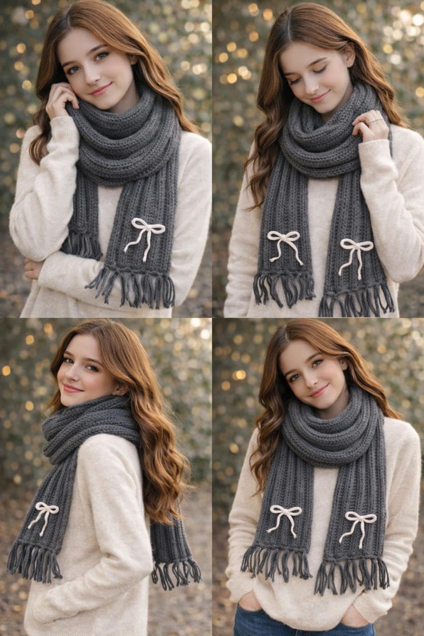 PAUL SONS Women’s Knit Winter Scarf with Bow Details, Classic Fringe Ends, Warm & Lightweight Cold-Weather Wrap for Casual, Holiday & Gift Wear (1, GREY, MEDIUM)
