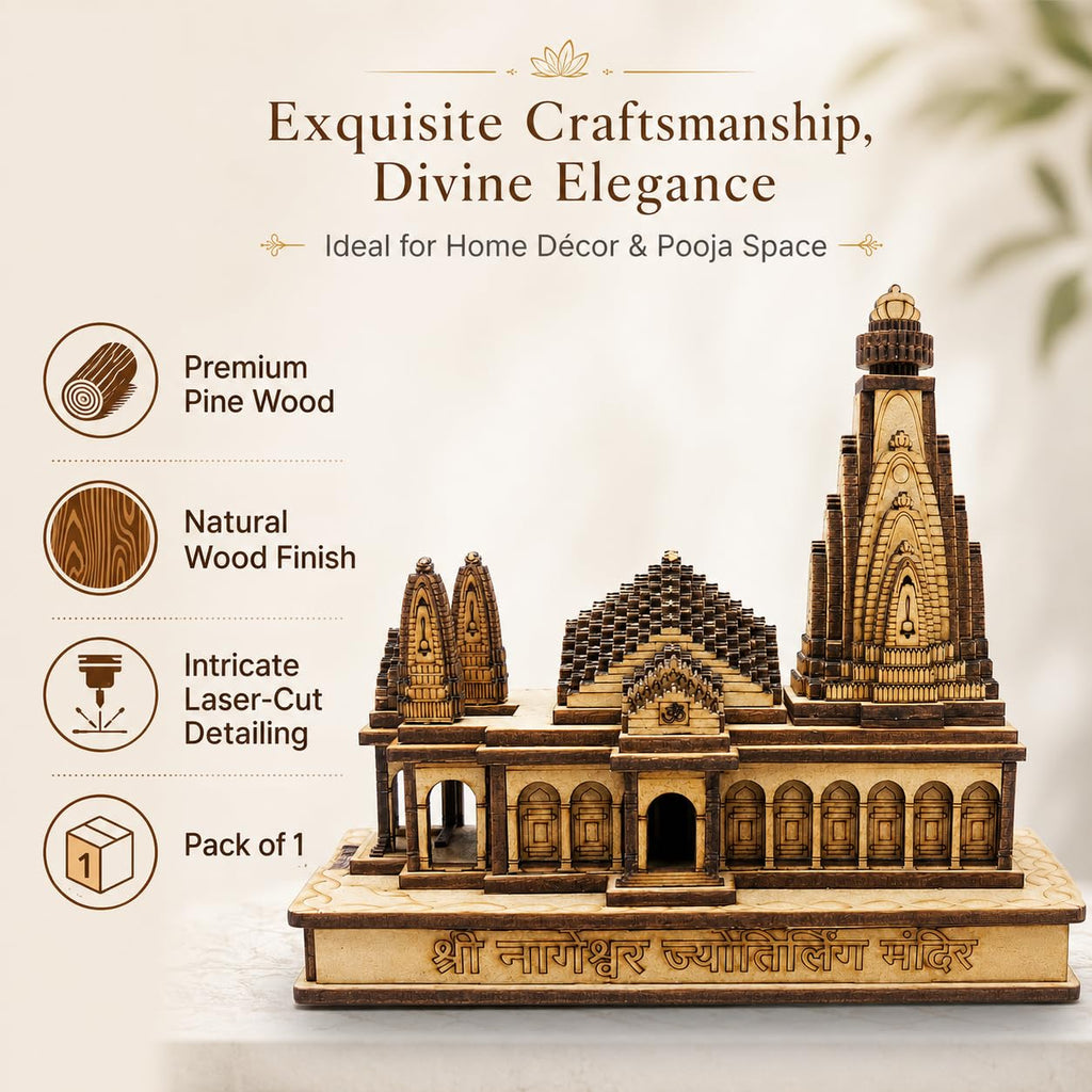 Wooden Nageshwar Jyotirlinga Temple Model | Miniature Shiv Mandir Decor for Home & Office | Laser Cut MDF Temple Showpiece | Hindu Spiritual Gift Item | 6 Inch Religious Desk Decor