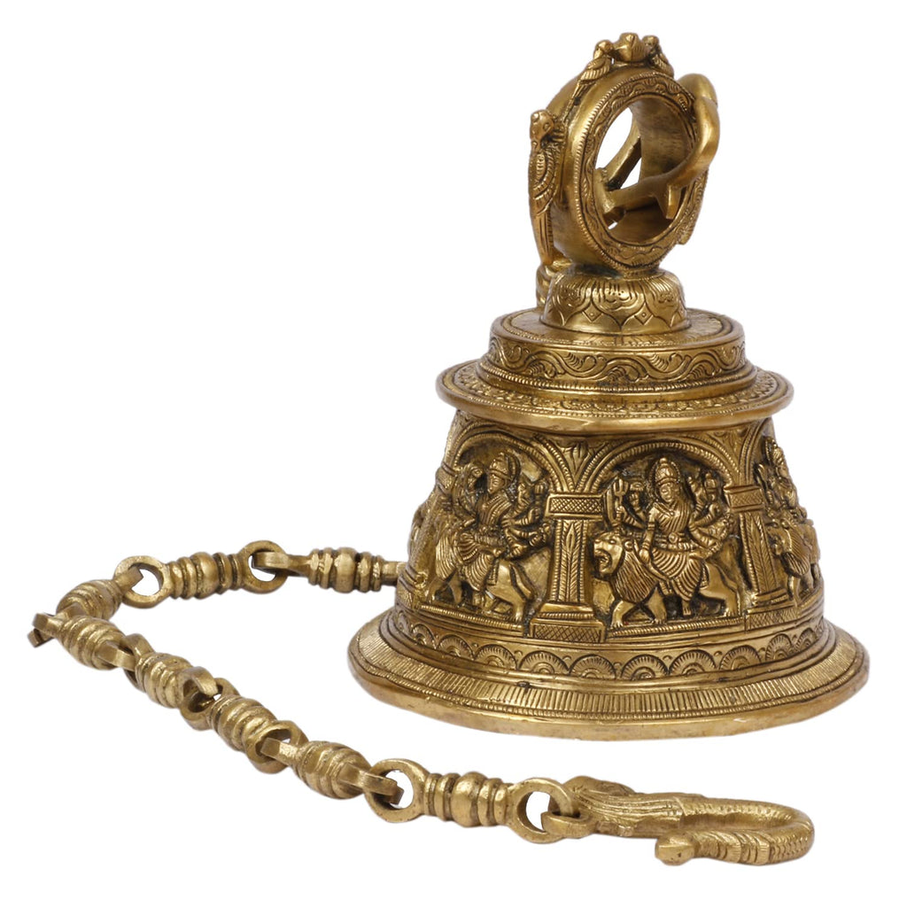 Artvarko Goddess Maa Durga Engraved Sherawali Brass Big Bell with Chain Hanging for Pooja Puja Room Mandir Ghanta Home Entrance Décor
