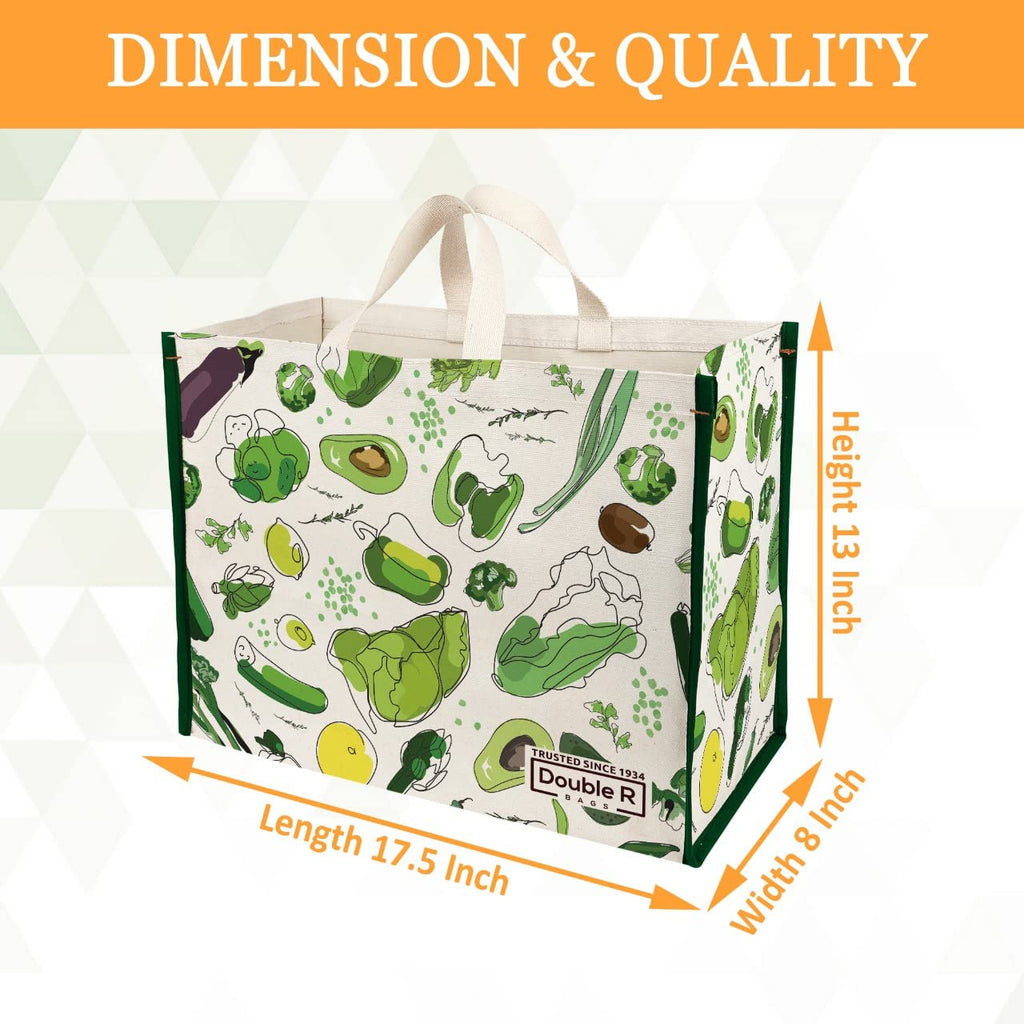 DOUBLE R BAGS Heavy Duty Cotton Canvas Grocery Shopping Bag | Eco-Friendly Cloth Tote for Vegetables, Milk, Fruits & Lunch | 33x44.4x20.3cm | 1 Compartment | Pack of 6 Vegetable Print
