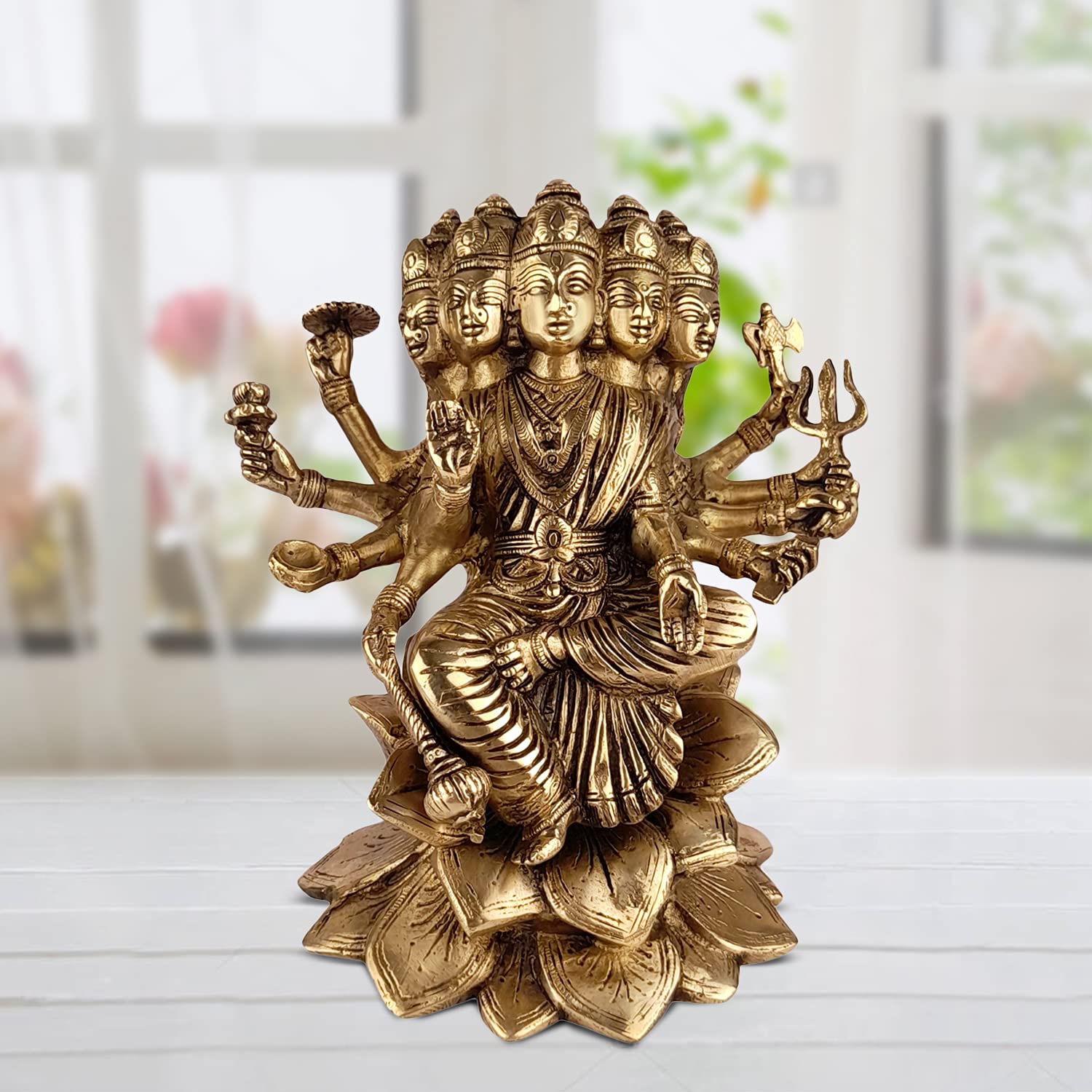ARTVARKO Brass Idol Gayatri MATA Sitting on Lotus, Savitri Hindu Goddess, Mother of Vedas, for Puja Mandir Temple Gift Decor 9 Inches