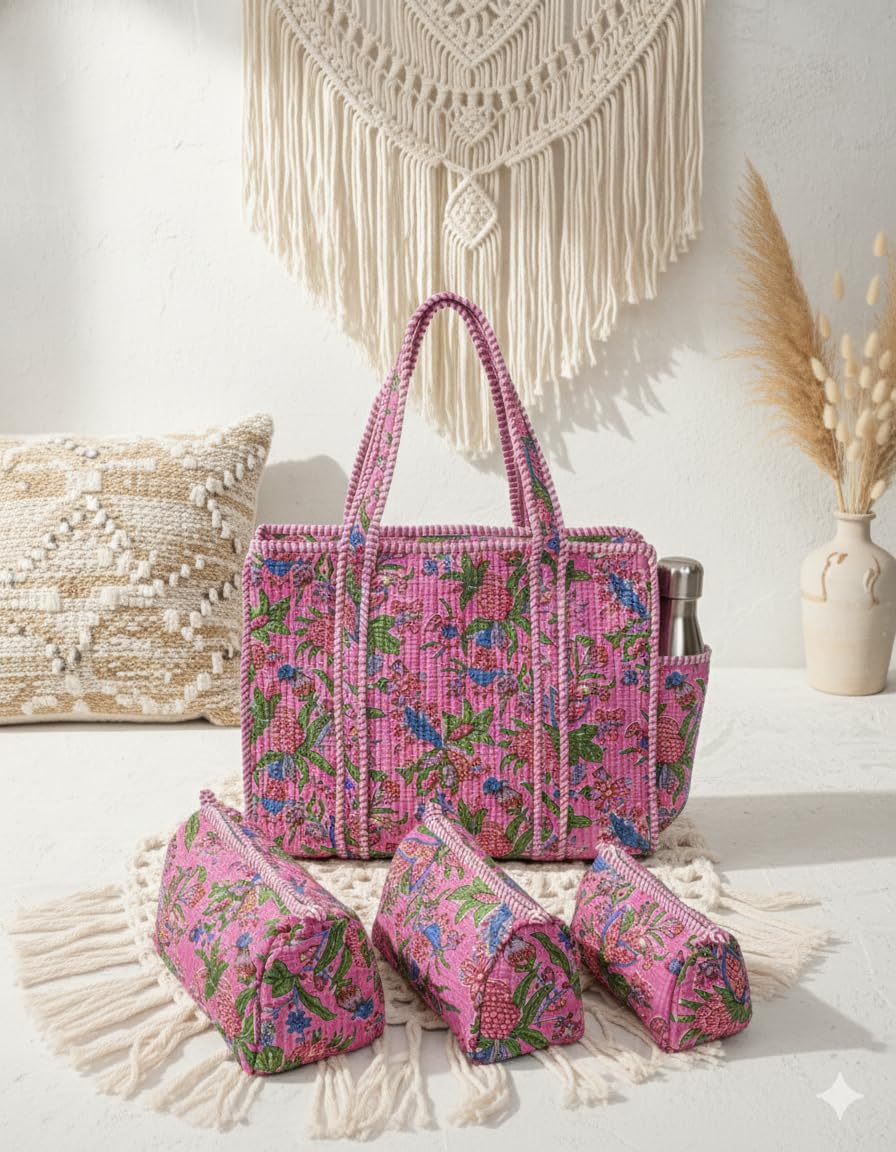 NIKAVIK 1 Tote Bag and 3 Pouches | Jaipuri Quilted fabric Handblock Printed Tote Bag (with zip closure and bottle compartment) with Matching Pouches (Pink Multi)