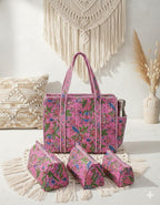 NIKAVIK 1 Tote Bag and 3 Pouches | Jaipuri Quilted fabric Handblock Printed Tote Bag (with zip closure and bottle compartment) with Matching Pouches (Pink Multi)