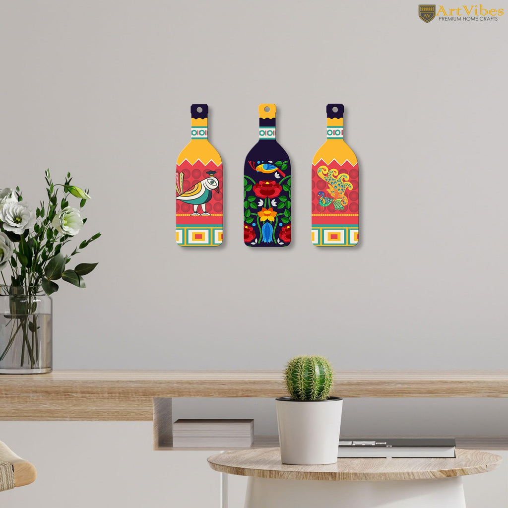 Artvibes Birds and Flower Clip Art Decor Bottle shaped Wooden Wall Hanging | Garden Balcony | Door Decoration Items | Wall Illustrations | Paintings For Wall | Unique Gift Items (WH_9512N), Set of 3