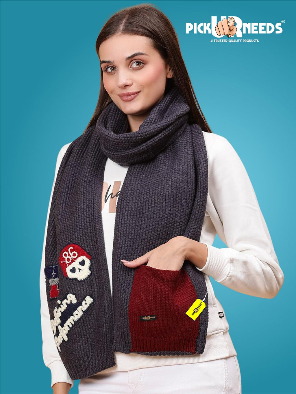 Pick Ur Needs Women Winter Woolen Muffler with Trendy Patch Design Soft Warm Knitted Scarf for Girls & Ladies Stylish Casual Mufflers (Dark Grey)