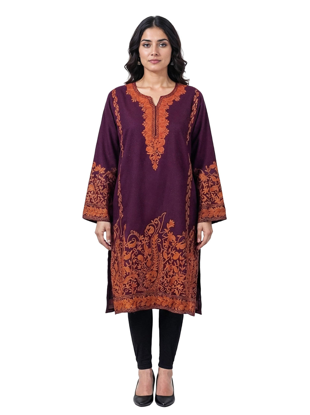 PASHMINA PARADISE Kashmiri Woolen Phiran | Traditional Kashmiri Motifs | Paisleys, Floral Vines & Ornamental Borders | Phiran for Women-Free Size | Deep Maroon (Deep Mroon)