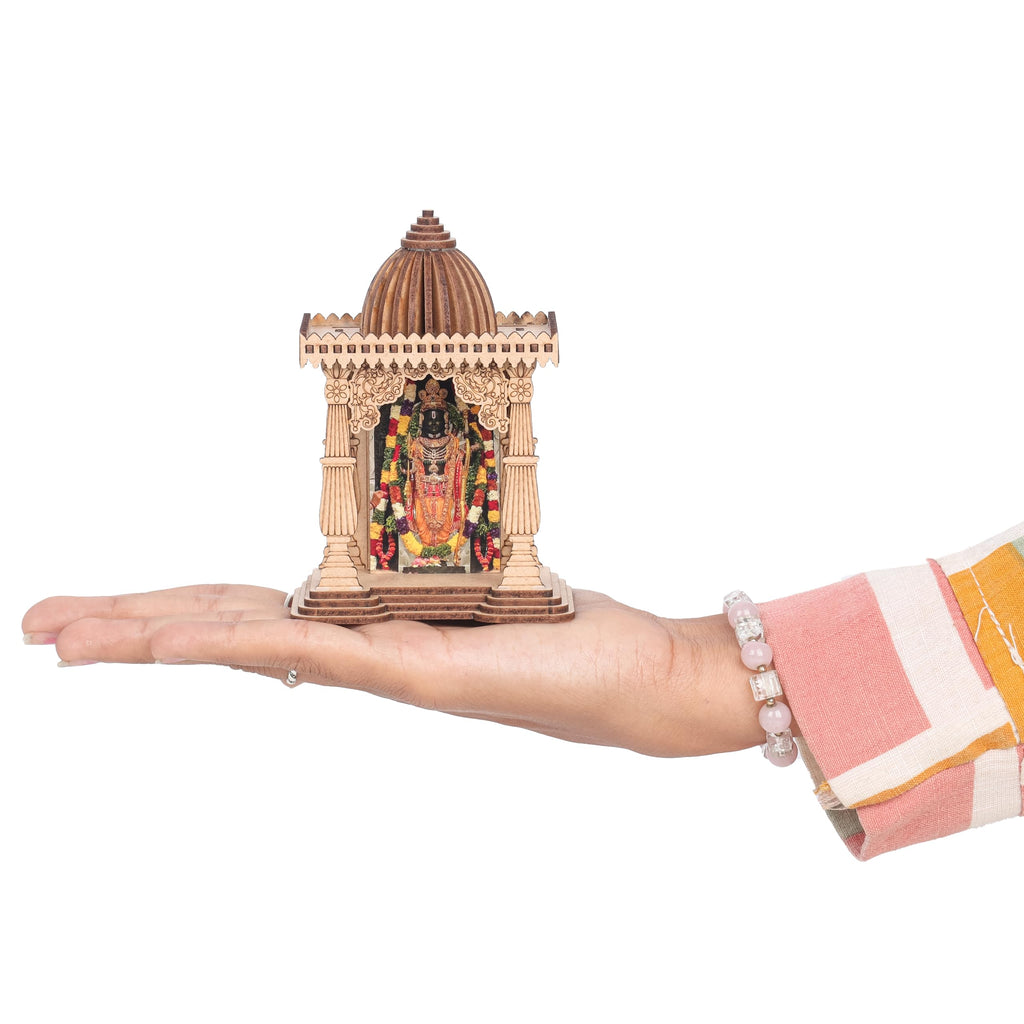 LASER ART Wooden Mini Home Temple with Ram Lalla for Car Dashboard Desk Organizer Home Decor 10cm x 7.5cm x 4.5cm