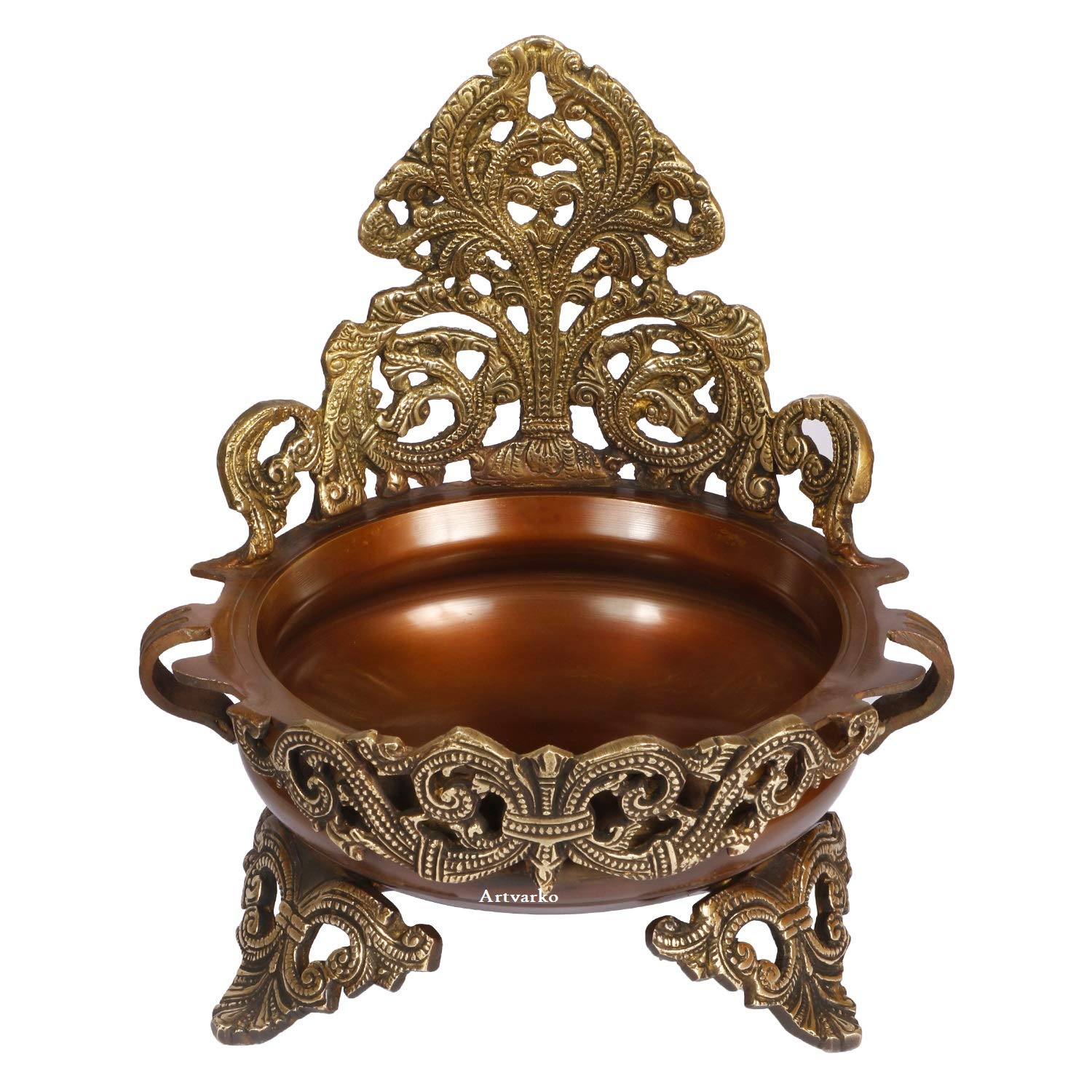 ARTVARKO Brass Urli Traditional Ethnic Design Decorative Bowl Showpiece Antique Copper & Golden Finish (LxBxH 9x8x11 Inches)