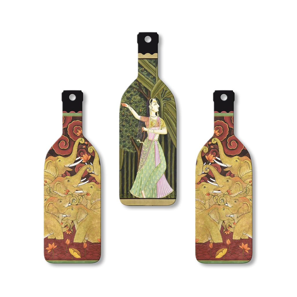 Artvibes Indian Folk Art Decor Bottle shaped Wooden Wall Hanging | Printed Wall Decoration | Scenery For Drawing Room | Wall Illustrations | Ethnic Wall Decor | Ideal Gifts (WH_9516N), Set of 3