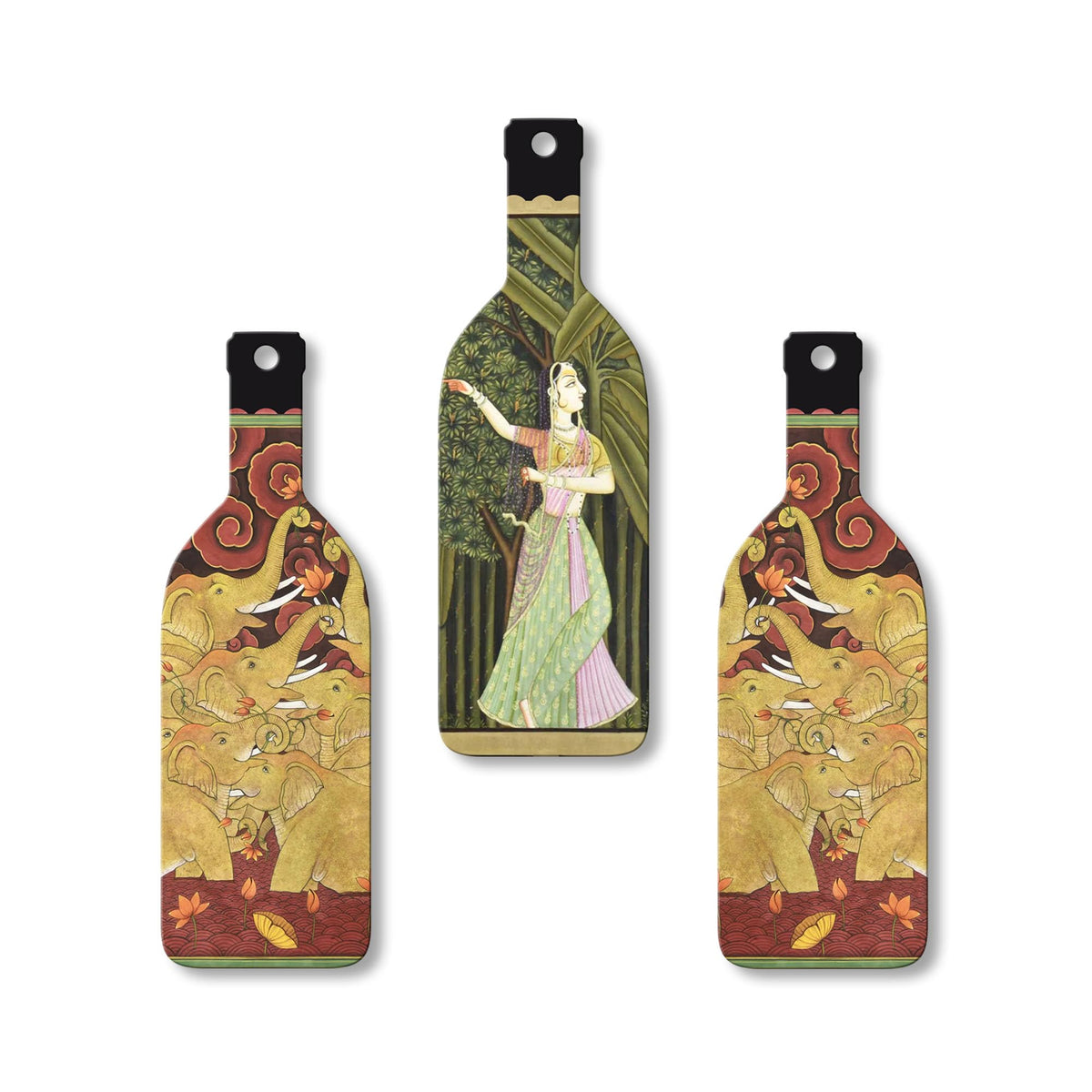 Artvibes Indian Folk Art Decor Bottle shaped Wooden Wall Hanging | Printed Wall Decoration | Scenery For Drawing Room | Wall Illustrations | Ethnic Wall Decor | Ideal Gifts (WH_9516N), Set of 3