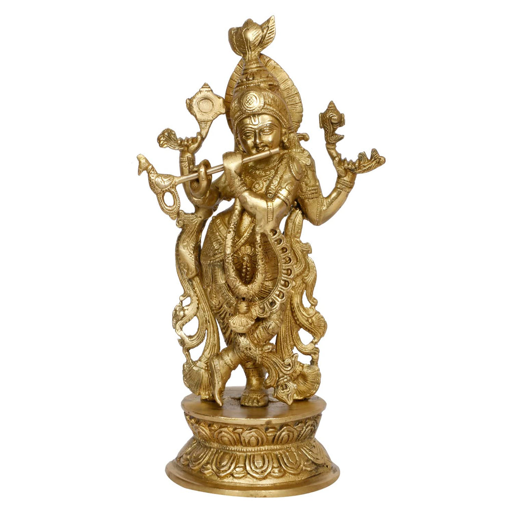 ARTVARKO Large Brass Idol Murti Lord Krishna Metal Statue with Flute Home Decor for Living Room Pooja Gift Height 12 Inch