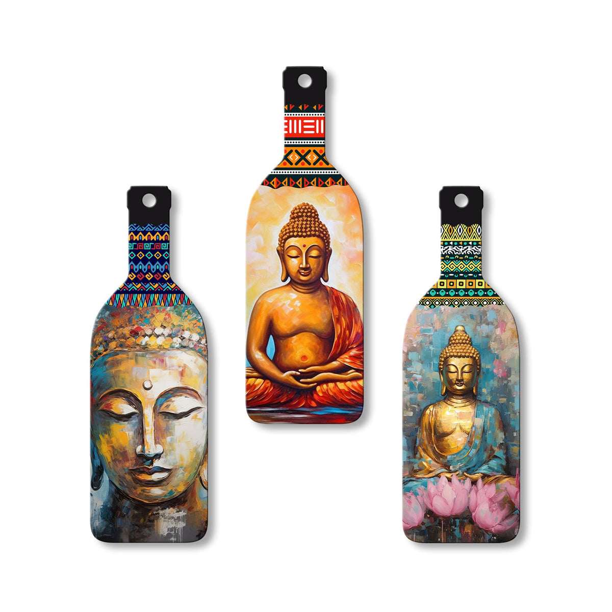Artvibes Meditating Gautam Buddha Bottle shaped Wooden Wall Hanging | Spiritual Decor Items | Wall Art Painting For Hall | Wall Paintings | Handcrafted Art | Poster | Gift Items (WH_9507N), Set of 3
