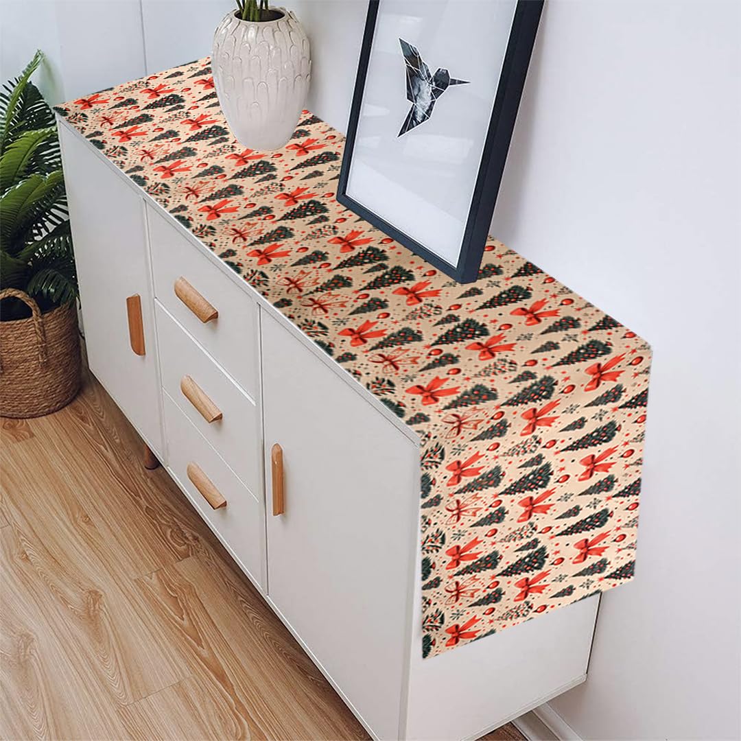 PRAKARTIK BY INDUARTS 135 cm Dining Table Runner - Christmas Tree Red Bow Theme,Digital Print, Washable, Indoor/Outdoor, Heat-Proof, Wipe & Clean (135X33 cm) Olive & Green Kafalo