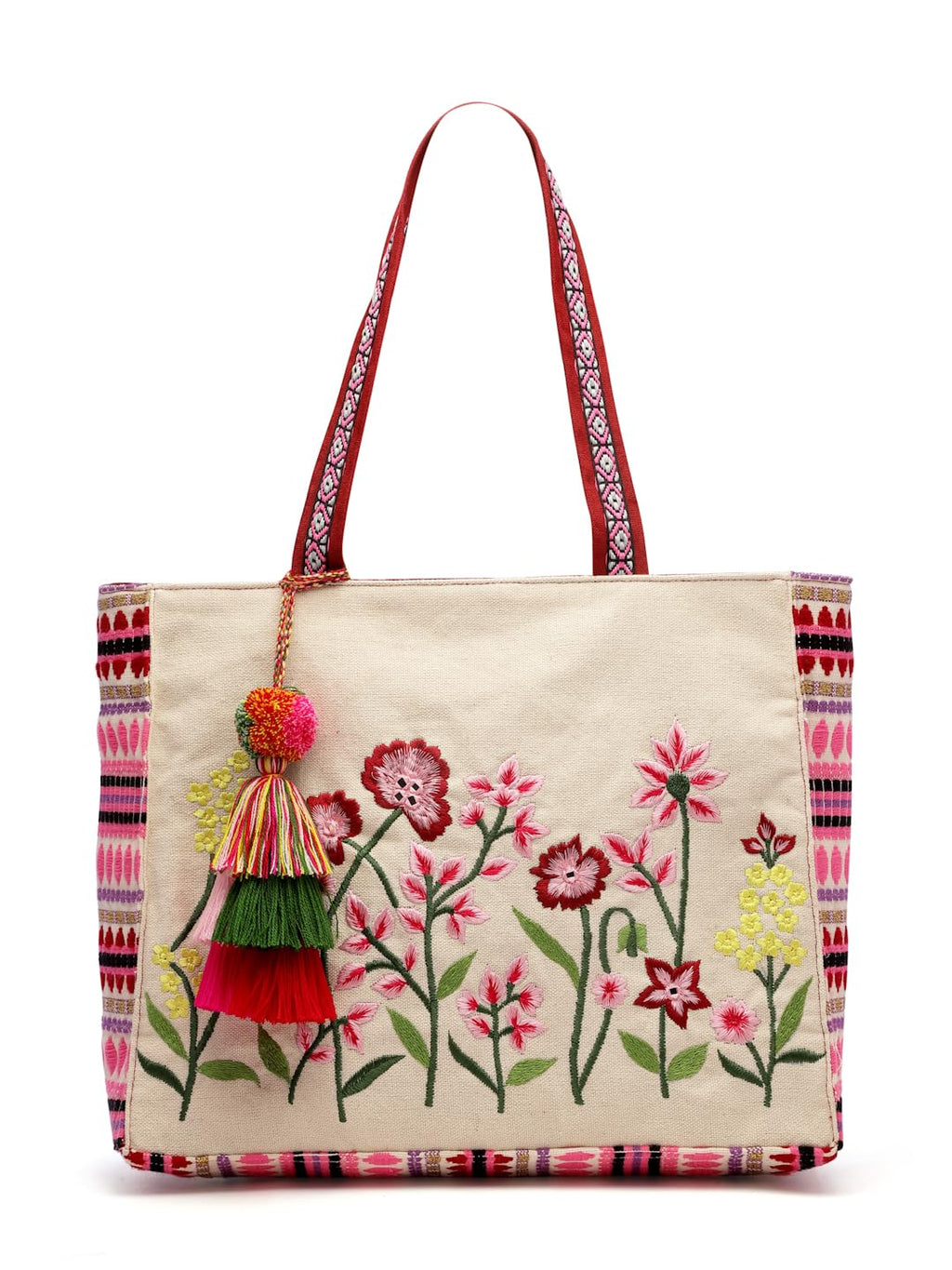 Anekaant Womens Kooky Natural, Pink & Multi Boho Floral Embroidered Handloom Cotton Jacquard Tote Bag