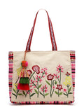 Anekaant Womens Kooky Natural, Pink & Multi Boho Floral Embroidered Handloom Cotton Jacquard Tote Bag