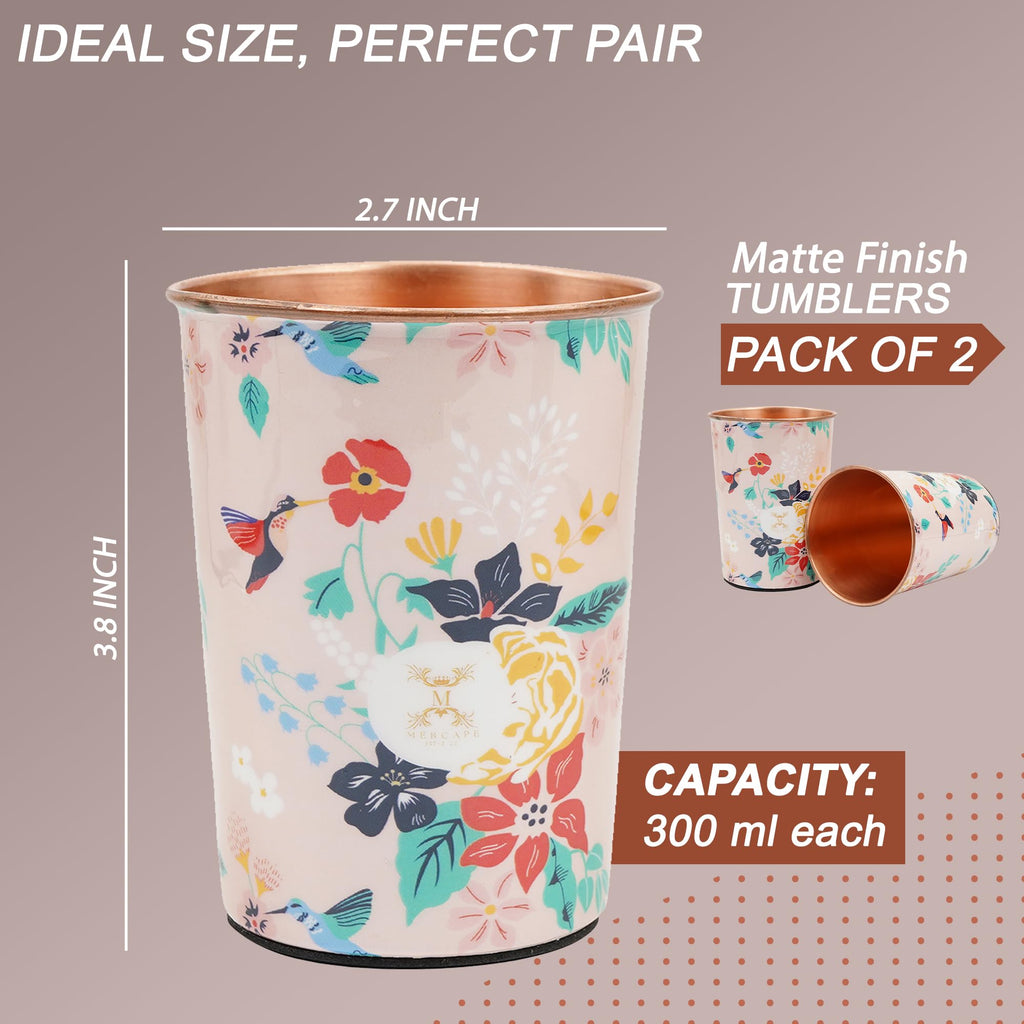 MERCAPE® 100% Pure Copper Glasses Set of 2 | Designer Meena Print | 300ml Each | Ayurvedic Benefits | Handmade Copper Tumblers for Daily Use & Gifting (Multiple Designs) (Midnight Bloom Design)