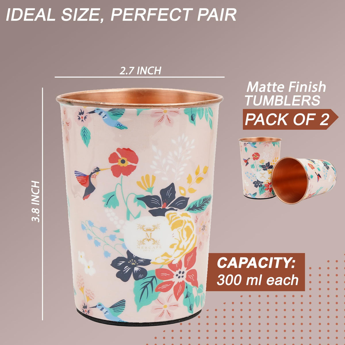 MERCAPE® 100% Pure Copper Glasses Set of 2 | Designer Meena Print | 300ml Each | Ayurvedic Benefits | Handmade Copper Tumblers for Daily Use & Gifting (Multiple Designs) (Midnight Bloom Design)