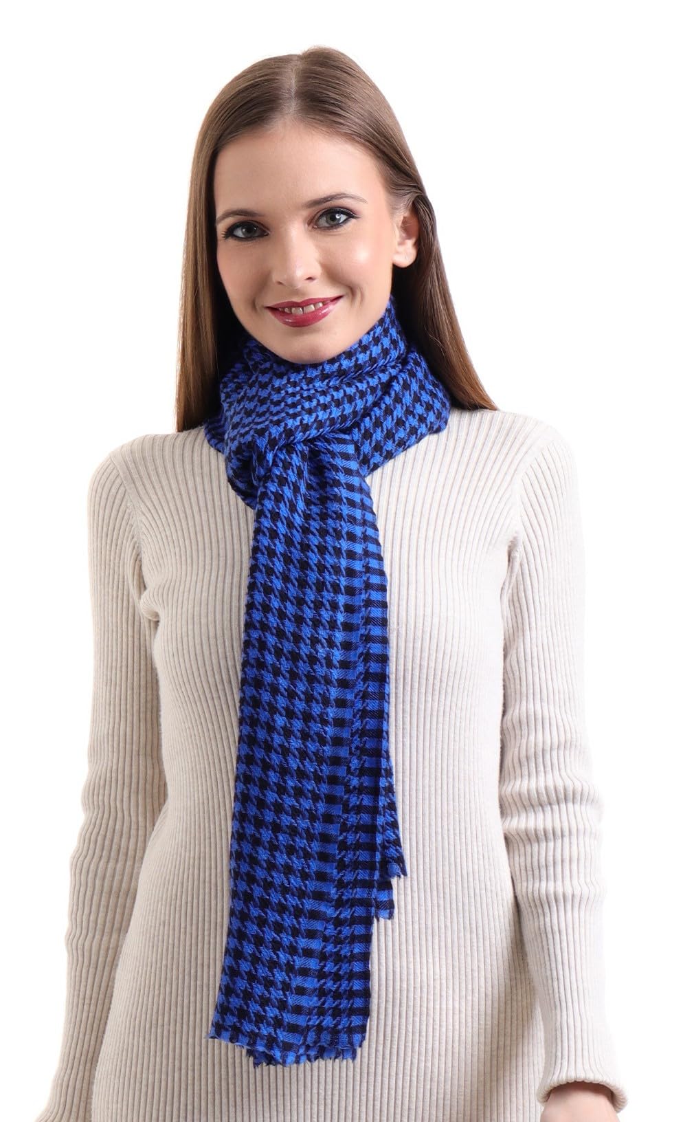 EH 100% Pure Cashmere scarf, stole Houndstooth, warm large buttery soft Pashmina (COBALT BLUE & BLACK)