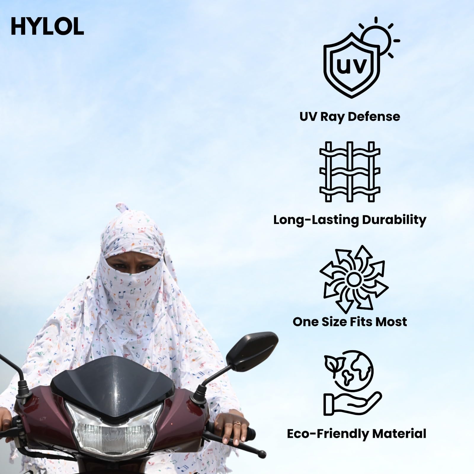 HYLOL Pure Cotton Female Innovative Stylish Music Printed Pattern Fancy Scarf With Sun Protection Cover Face Cotton Mask For Women's And Girls, White