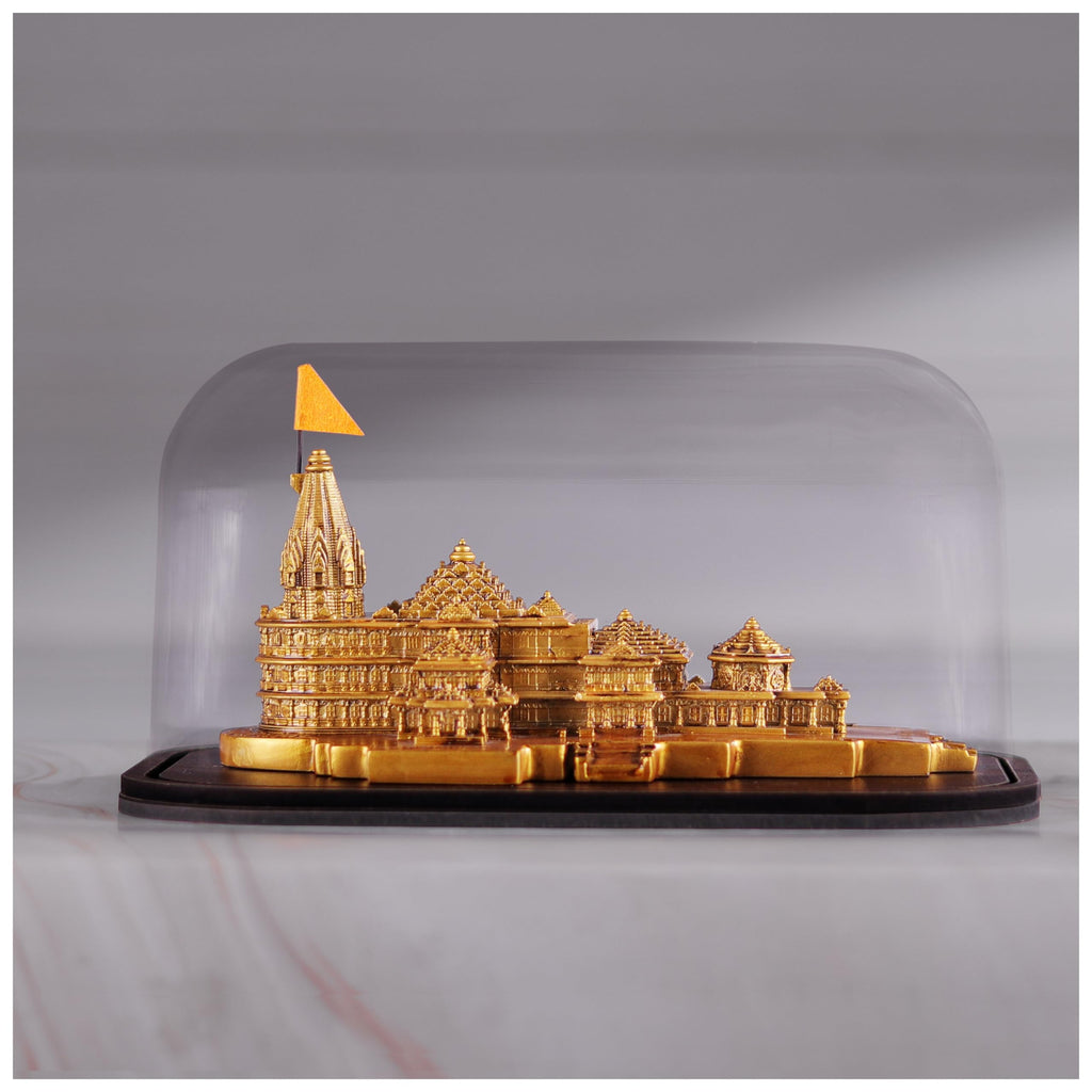 Artarium Ram Mandir Ayodhya Model with Acrylic Glass Cover & Wooden Base (7.25 Inch), Ram Lalla Temple Replica Decorative Showpiece for Home Decor, Pooja Room, Office & Gift