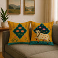 STITCHNEST Satin Ethnic Cushion Covers Cow & Lotus Art, 16x16 Inches, Pack of 2 for Living Room & Festive Decor