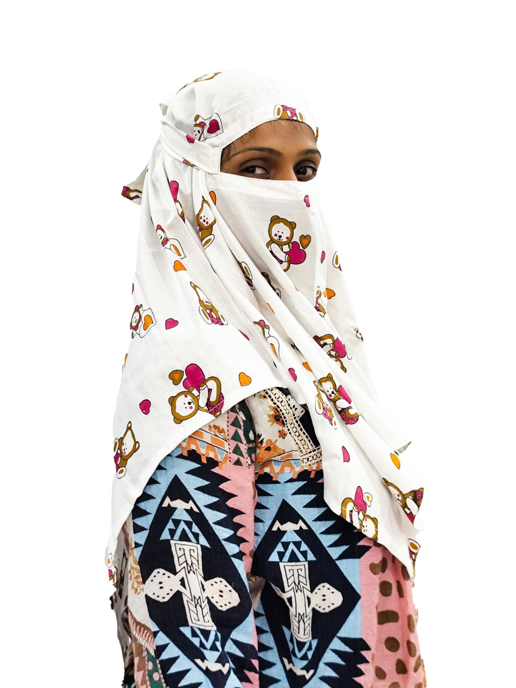 AARKRI SALES Cotton Long Scarf Cum Mask Scarves Usable for Vehicle Driver | White Printed Design | Universal Size | For Girl & Women | Sun Protection Light Weight (Tedy Bear Short Scarf)