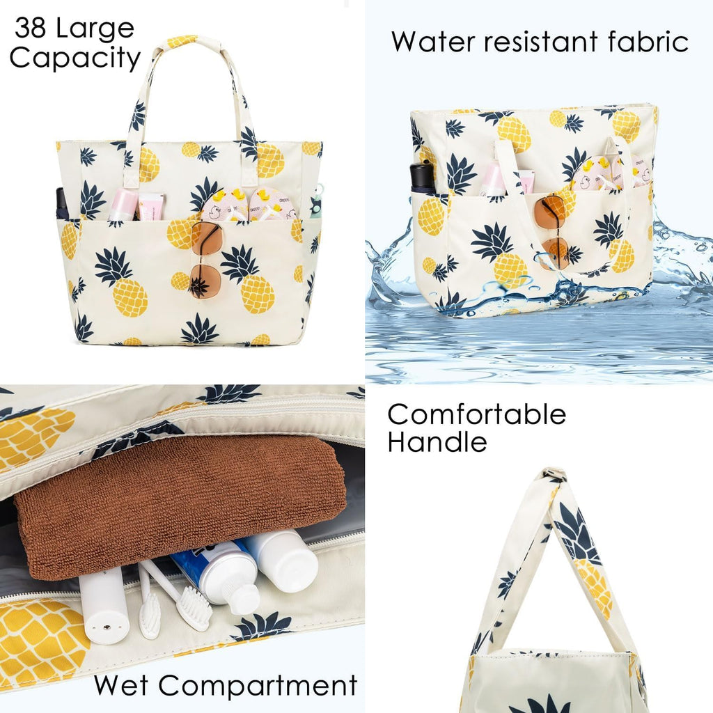 hirTa Gab Tote Bag with Makeup Pouch for Teacher Women Office Girls Work Multipurpose Hanbag Mostly Used for Travel Grocery Beach Hobo Waterproof Sandproof Lightweight Pool Bag (Yellow Pineapple)