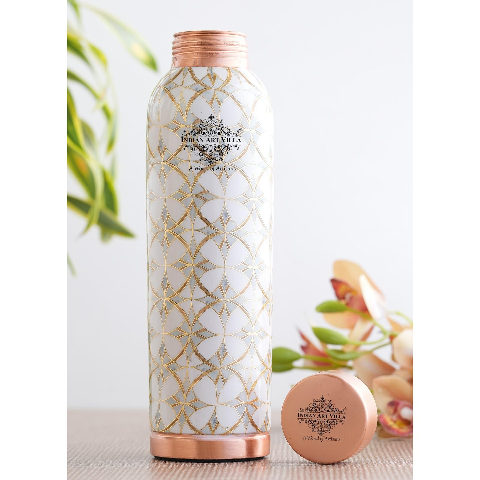INDIAN ART VILLA Copper Gold Block Print Copper Bottle, Copper Drinkware, Volume- 900 ML (Pack of 1)
