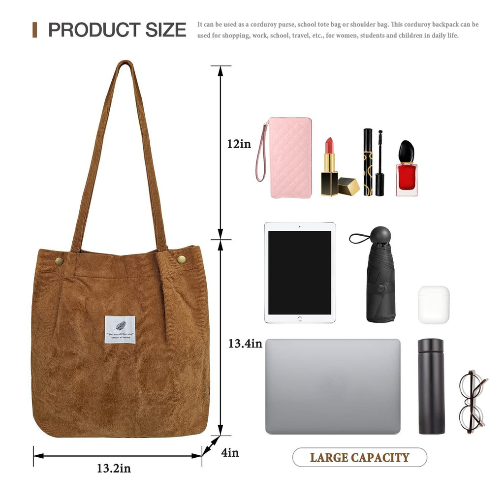 Street27 Korean Canvas Corduroy Womens Tote Bag Casual Work Shoulder Handbags, Multi-Purpose Bag, Sturdy Canvas Bag With Large Capacity, Shopping Bag For Office, College & Daily Use (Brown)