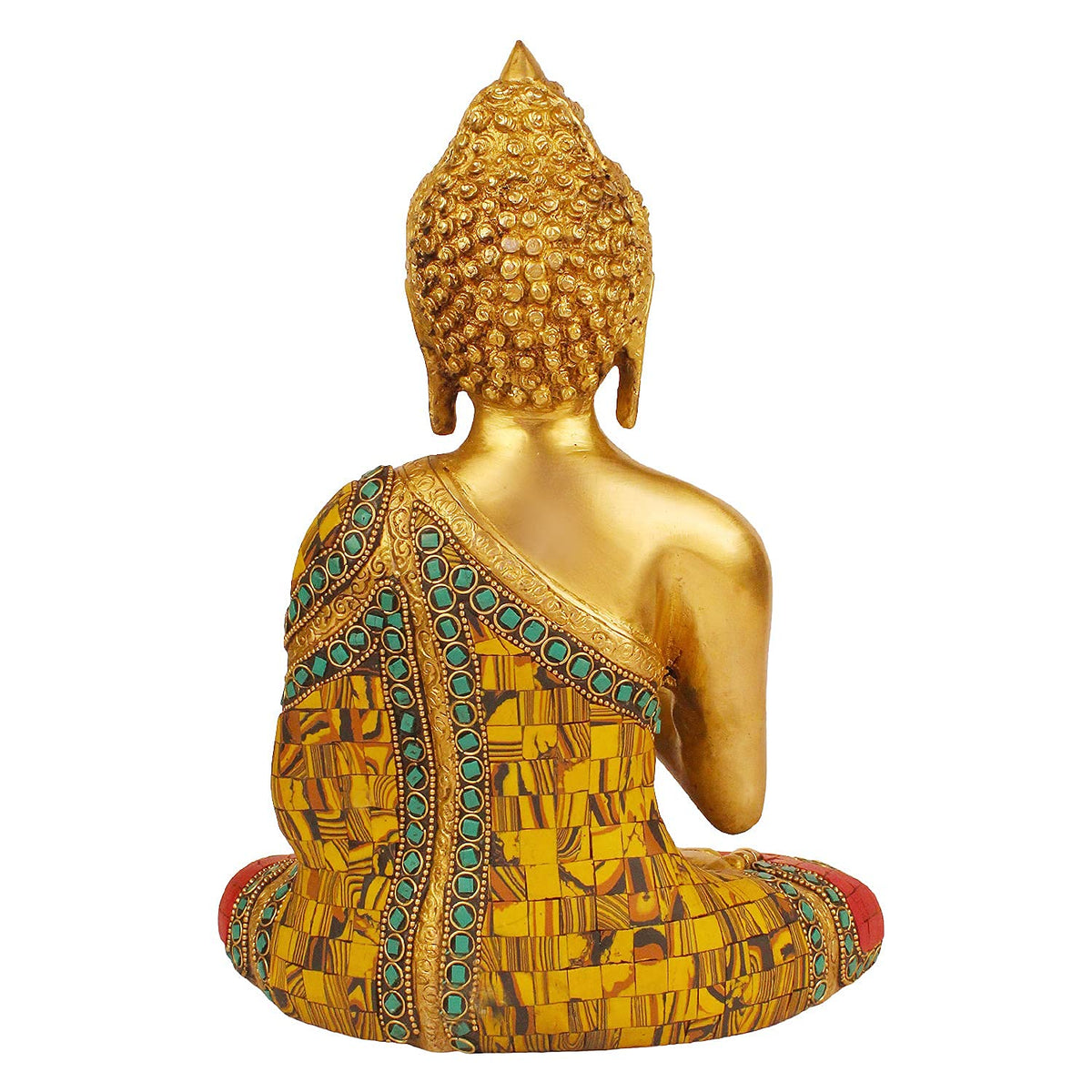Svarup Brass Gautam Buddha Idol Statue Murti Draped in Stone Embellished Shawl for Home Decoration Blessing Buddha Height 10 Inch Weight 3.6 Kg Color Multicolor