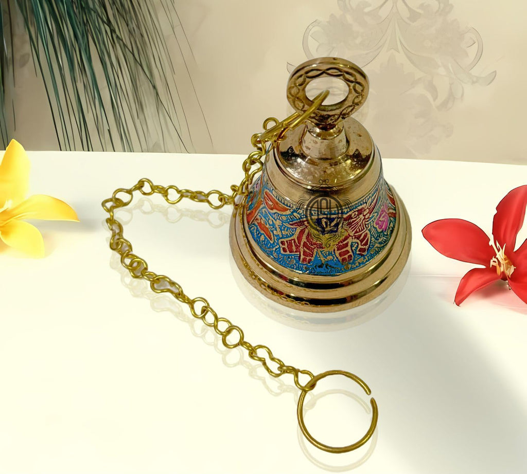 DSH Brass Hanging Bells for Puja Room Decoration Items Hanging Bell for Mandir Temple Decor Ghanti for Mandir. (Blue, H-4.5 Inch)
