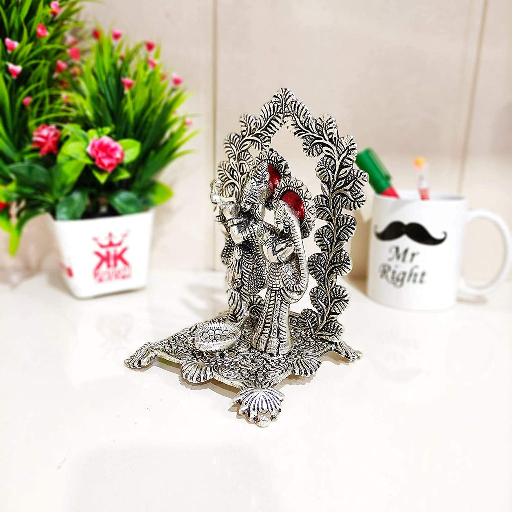 Prince Home Decor & Gifts Radha Krishna Playing Flute Under Kadam Tree Flower Silver Plated Showpiece Statue