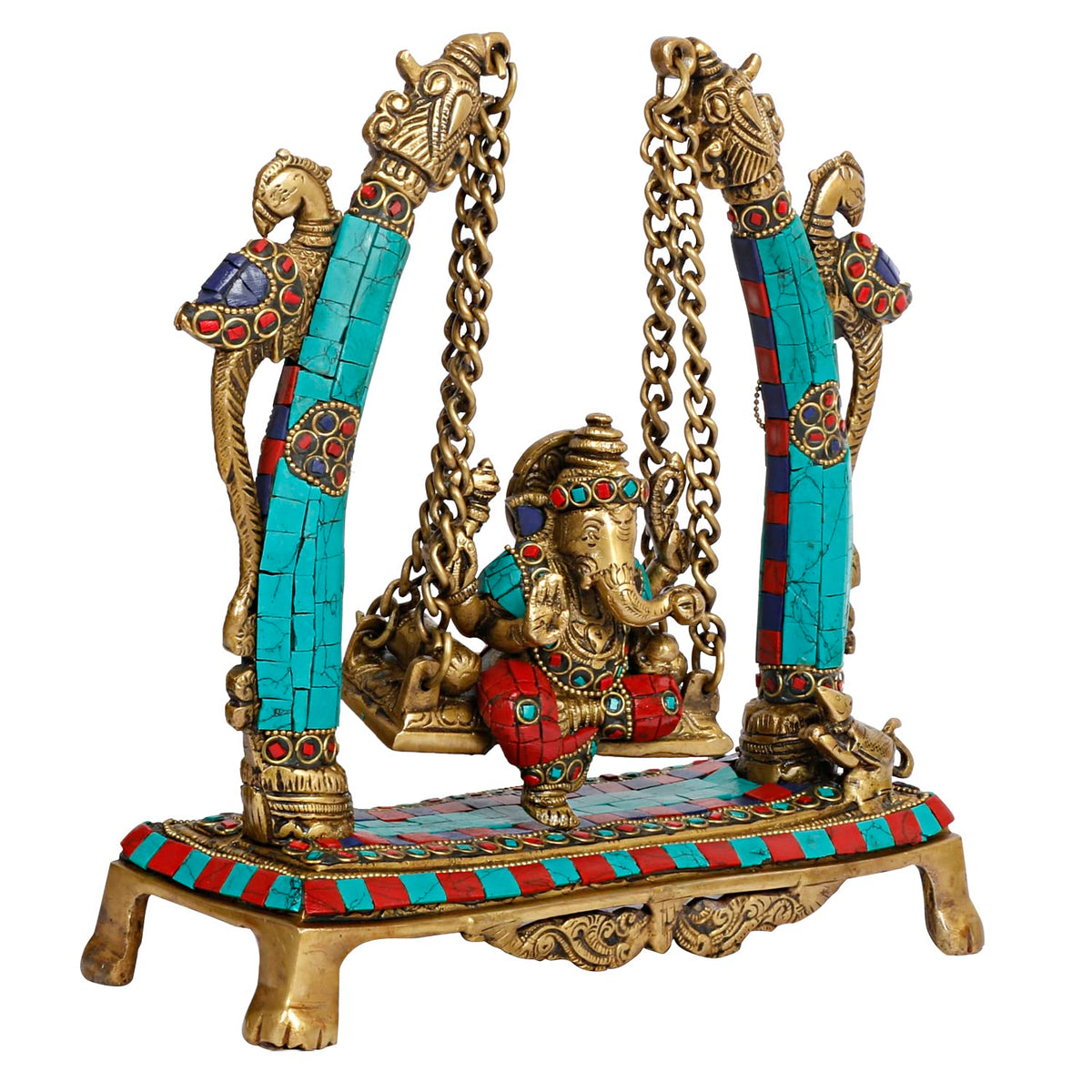 Svarup Brass Ganesha On Jhoola Swing Peacock Ganesh Ganpati Jhula for Home Office Temple Puja Décor Gift Height 10 Inch.