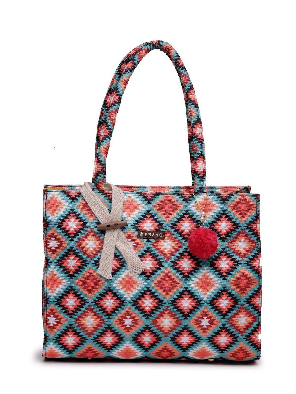 ENSAC Casual Tote Bag With Zipper for Women & Girls | Large Canvas Shoulder Bag, Stylish Designer Handbag, Ethnic Pattern, Spacious, Lightweight, Perfect for Office, College & Shopping