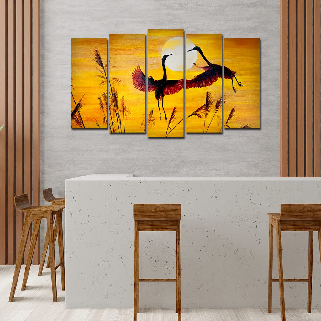 VIBECRAFTS 5 Pieces Flamingos Flying In sunset Canvas Wall Painting For Home|Office|Living Room|Gift (PTVC5Pcs2_6509)