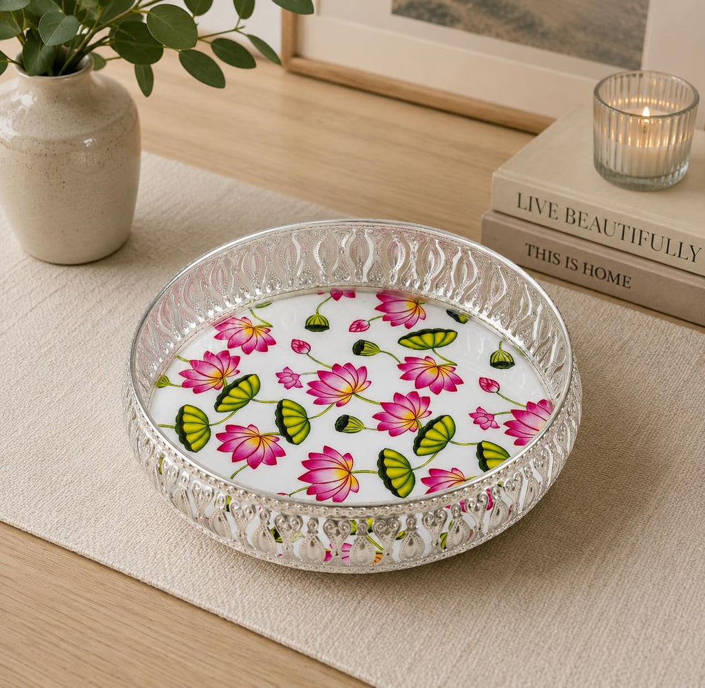 PALMARY German Silver Tray 8 Inches Flower Design for Pooja