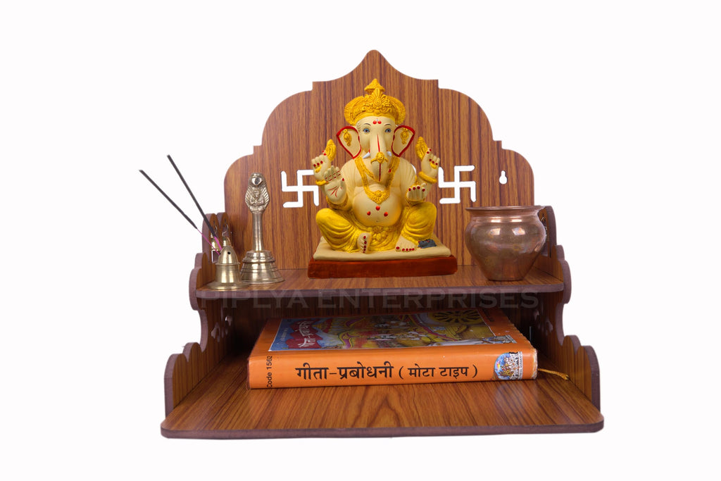 Wooden Temple for Home – Wall Mounted Pooja Mandir with Saathiya & Ganesh Ji Bell Design | Compact Wooden Temple for Office & Home (Light Brown, L-11.25 x W-10.25 x H-11.25 Inch)
