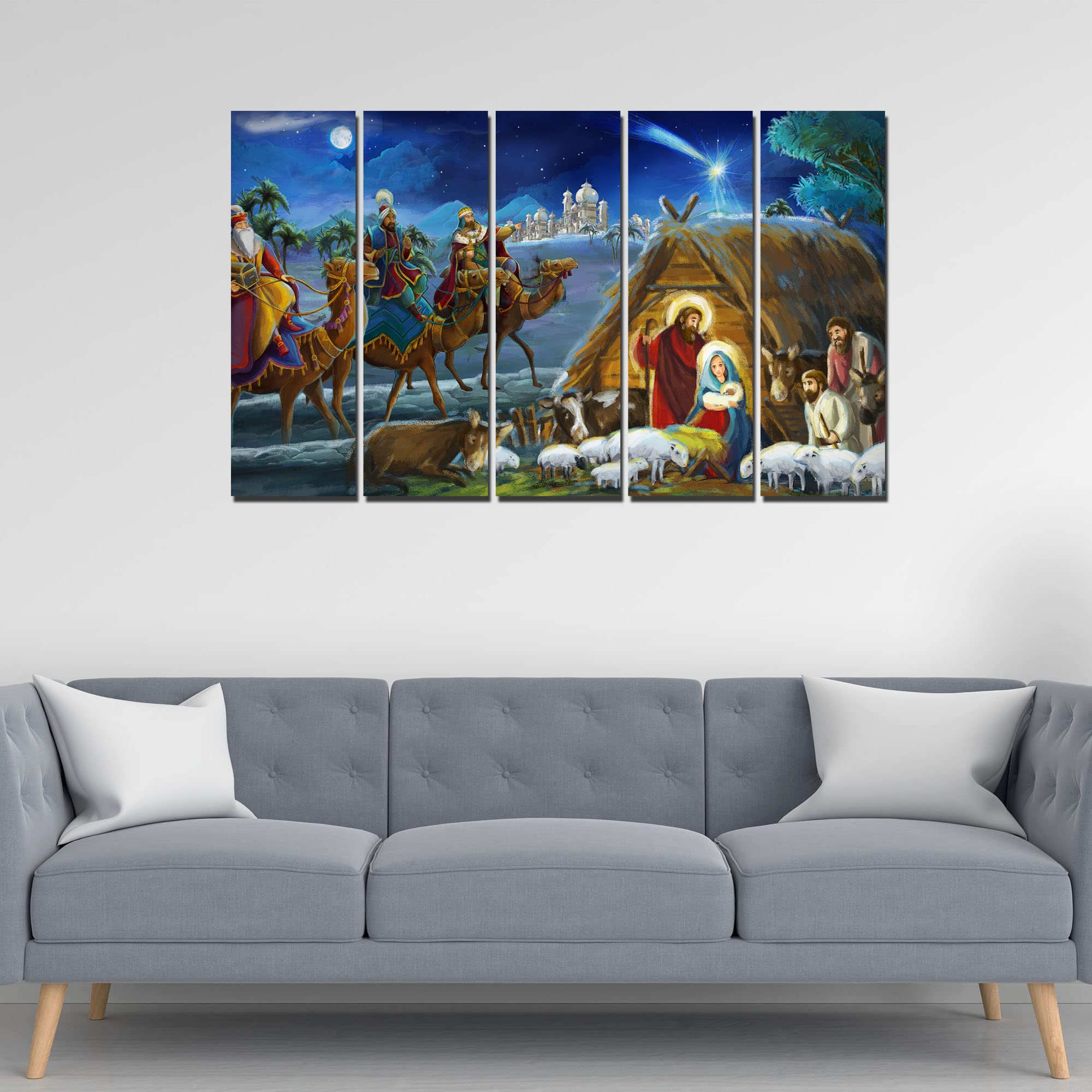 VIBECRAFTS Three King And Holy Family 5 Pieces Canvas Wall Painting For Home | Office | Living Room | Gift (PTVC5Pcs4_8525)