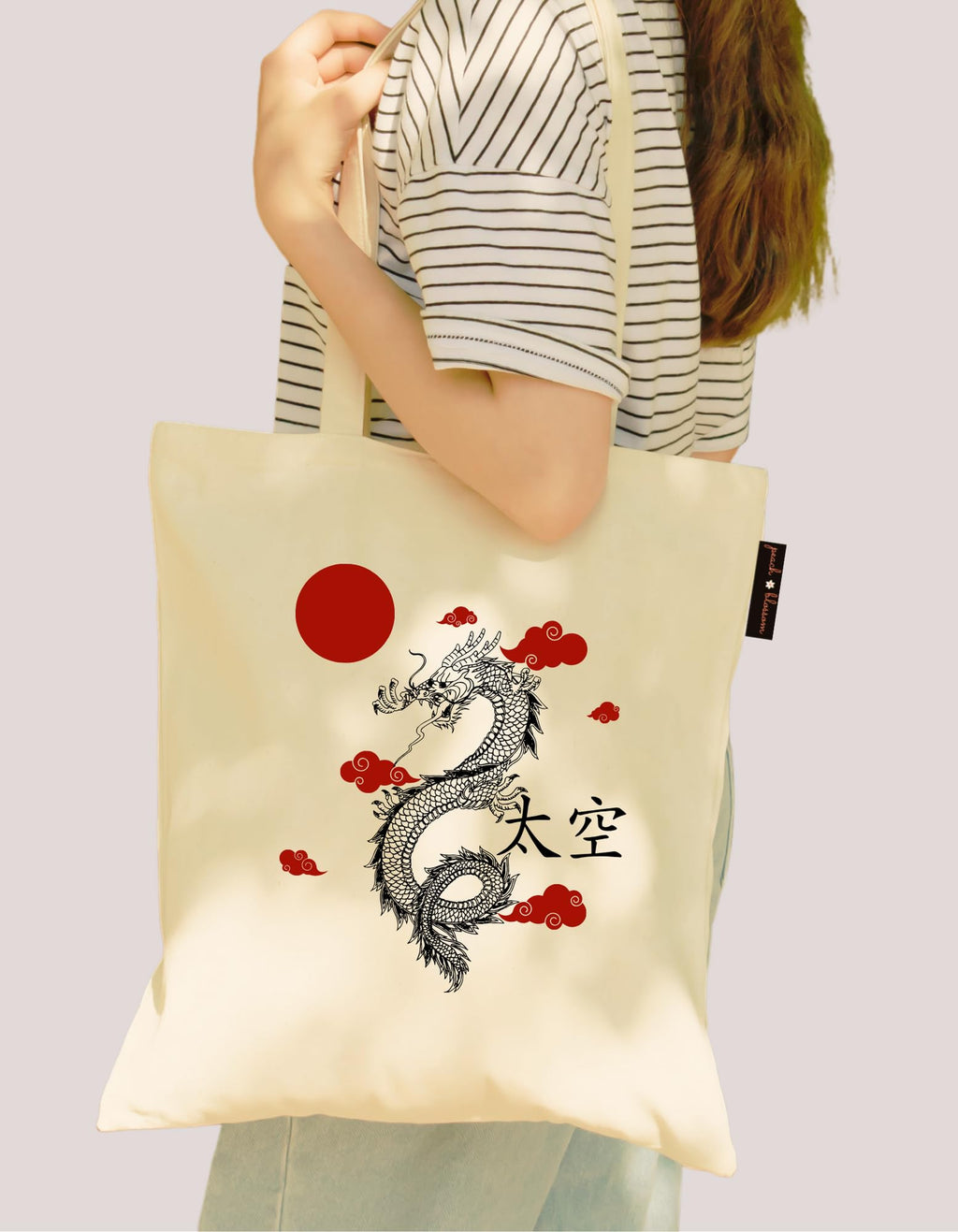 Peach Blossom Van Gogh Printed Tote Bag for Women with Zip, Stylish Cotton Handbags, Canvas Tote Bags for College (WHITE_RED DOT DRAGAN)