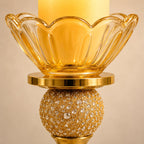 B2 Crystal Metal Candle Holder Stand for Home Decor | Gold Finish Glass Votive Candle Stand | Pillar Candle Holder for Living Room, Dining Table, Wedding, Diwali & Festive Decoration (Big - 1)