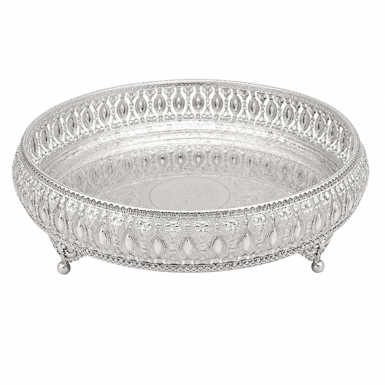 SGR Handicrafts Decorative German Silver Tray Set | Handcrafted Designer Gifting & Serving Trays | Premium Metal Display for Home Decor, Festivals & Special Occasions (Set of 4 (6+8+10+12 Inch))