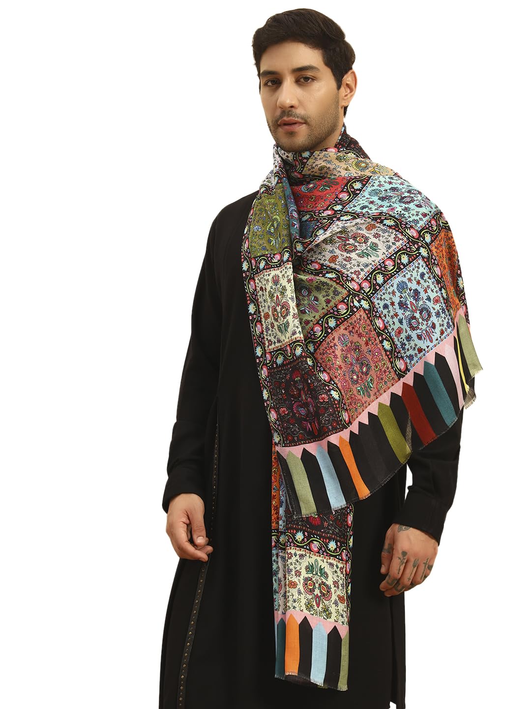 Pashmoda Men Floral Sonata Royal Fine Soft Bamboo Fibre Stole, Multicoloured Design, Evening Wrap, Luxury Pashmina Style Scarf, Wrap, Sustainable and Natural Fabric (Size 28x80,Multi colour) MISST32